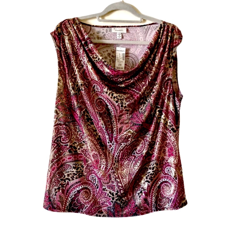 NWT Dressbarn Gold and Pink Paisley Blouse Sleeveless Draped Size 2X